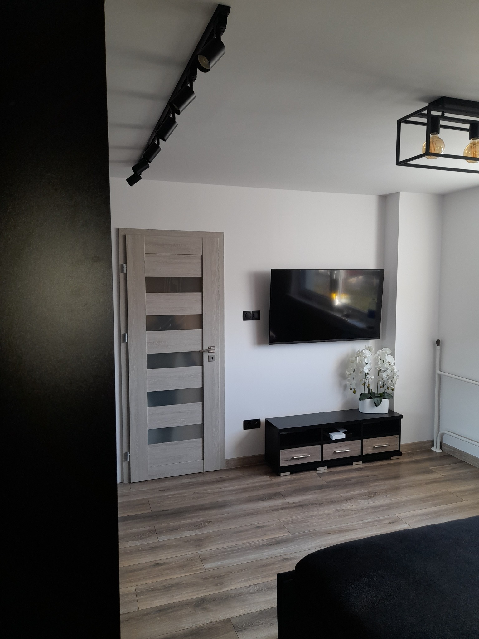 Ukończone wnętrze pokoju z drewnopodobną podłogą, szarą drewnianą ościeżnicą drzwi, czarnym regałem pod telewizorem, białymi ścianami, czarną listwą oświetleniową i dekoracyjną lampą sufitową.