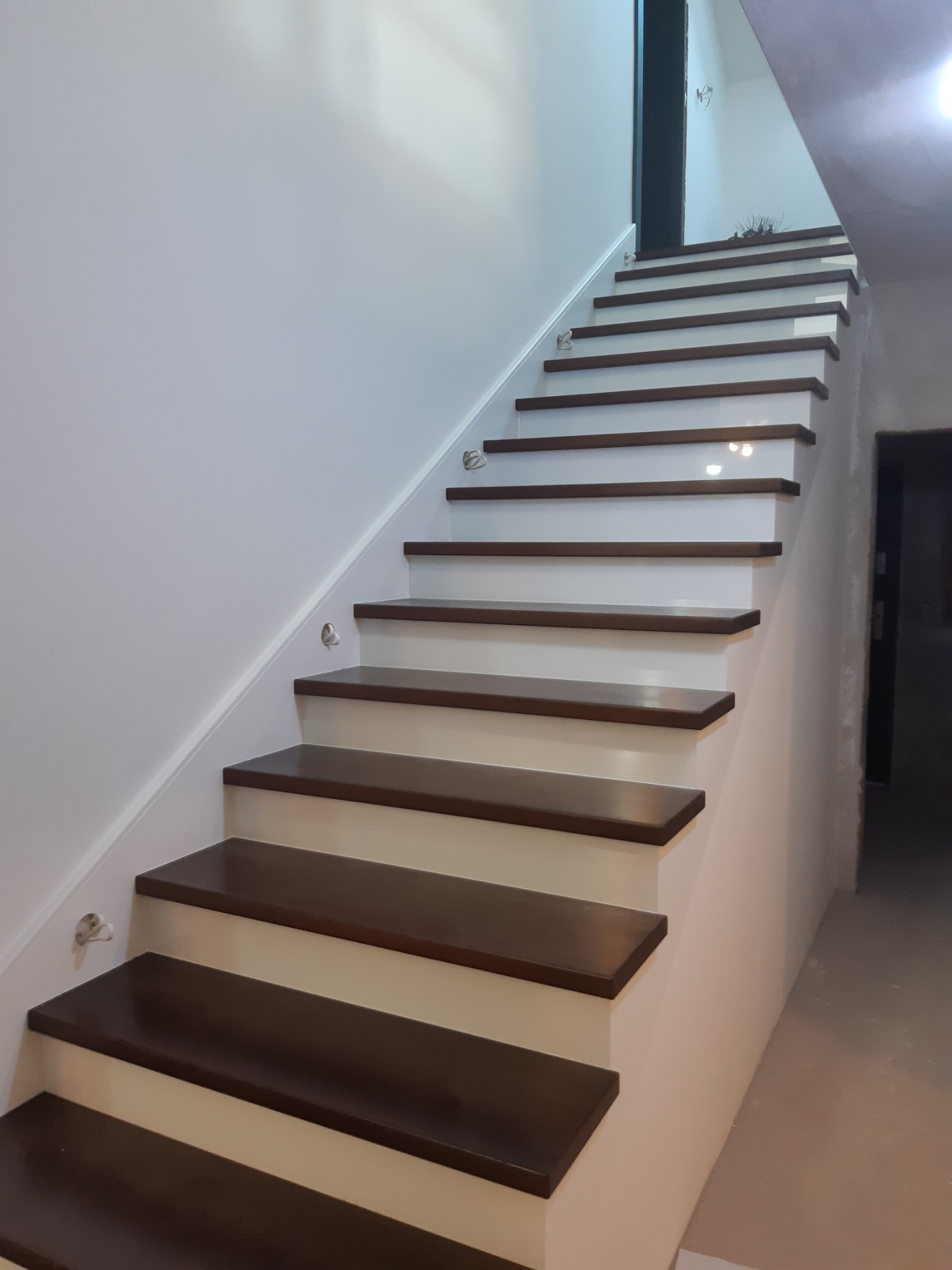 Nowoczesne schody drewniane z ciemnymi stopniami i białymi podstopnicami, oświetlenie punktowe na ścianie, widok z dołu, minimalistyczny design.