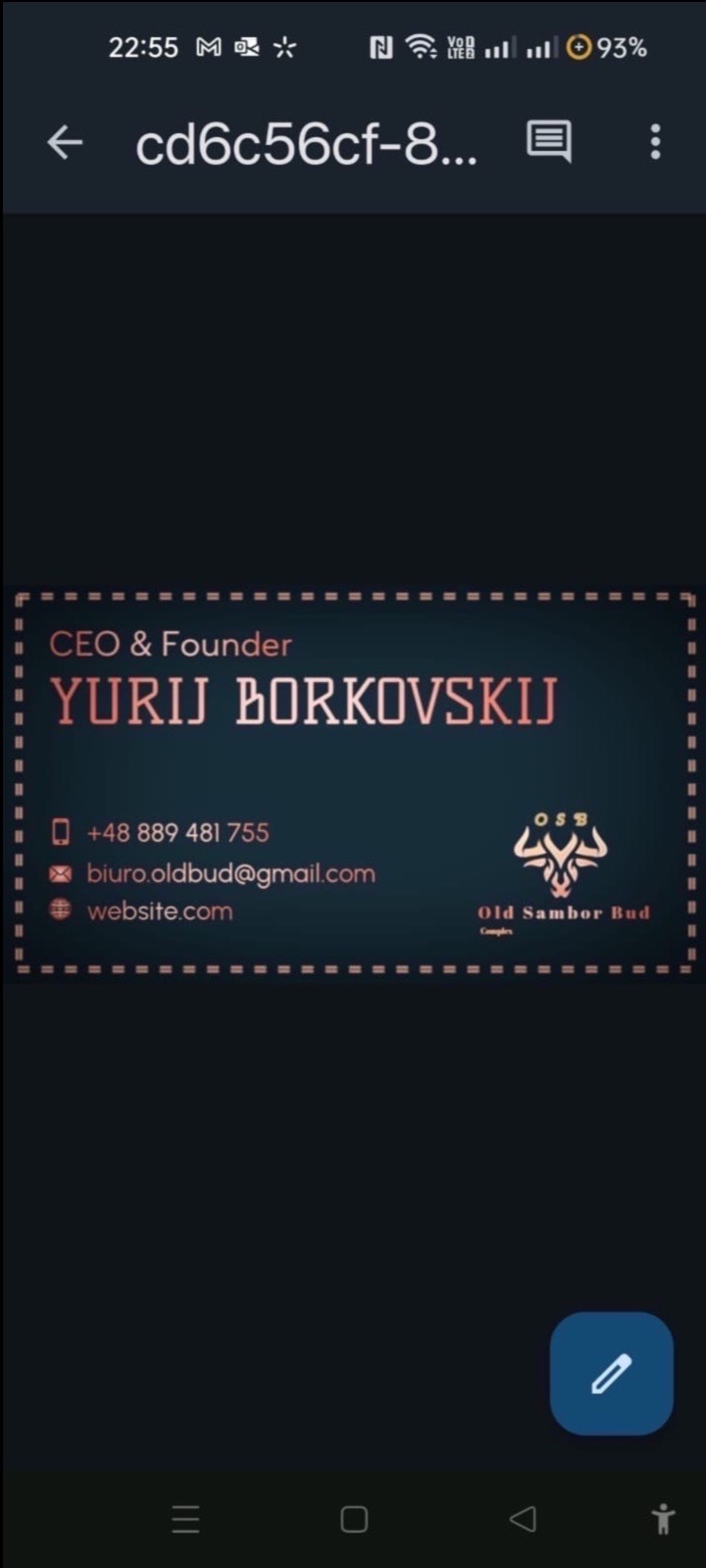 Wizytówka firmy Old Sambor Bud z danymi kontaktowymi i logo przedstawiającym stylizowaną głowę tura.