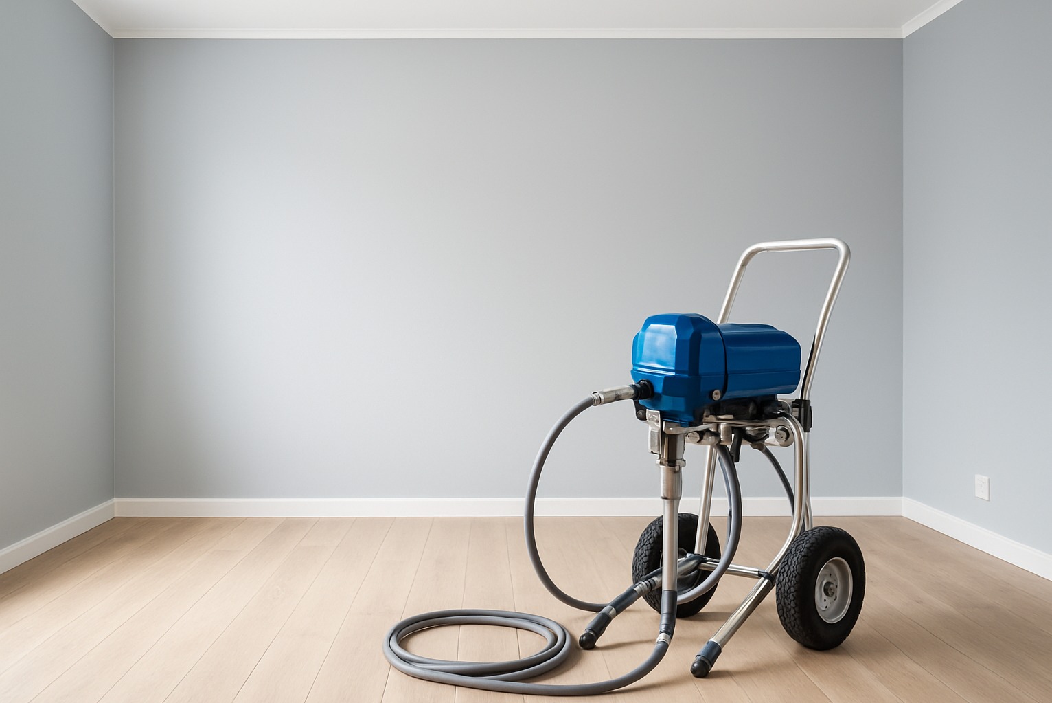 Niebieski agregat malarski na kółkach w pustym, świeżo pomalowanym na szaro pokoju z drewnianą podłogą i białymi listwami przypodłogowymi.