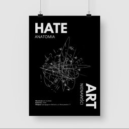 Varietatis - Plakat z czarnym tłem, białym napisem 'HATE ANATOMIA' i abstrakcyjnym rysunkiem przypominającym białe linie, pytajniki i gwiazdki, wiszący na dwóch klipsach
