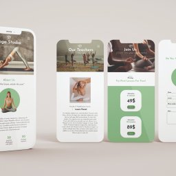 Varietatis - Mockup trzech ekranów smartfonów prezentujących aplikację mobilną studia jogi z informacjami o zajęciach, nauczycielach i formularzem kontaktowym, utrzymanych w stonowanej kolorystyce.