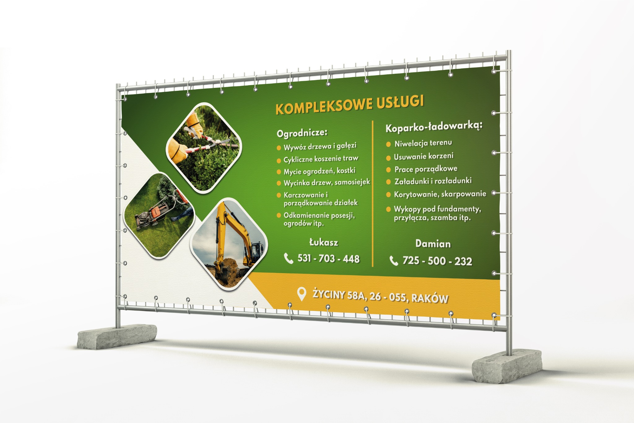 Baner reklamowy z ofertą kompleksowych usług ogrodniczych i koparko-ładowarką, prezentujący zdjęcia z wywozu drzewa, koszenia trawy, pracy koparki oraz dane kontaktowe firmy.