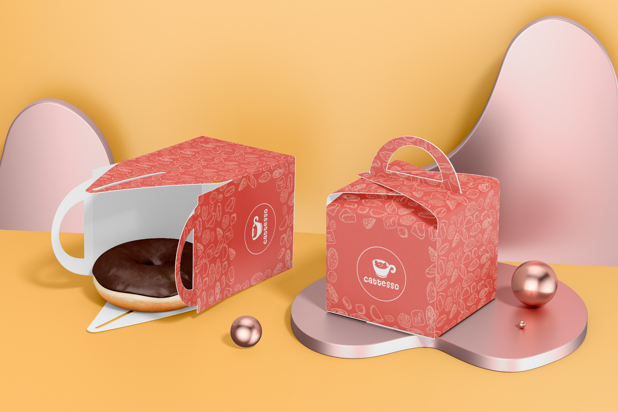 Dwa identyczne, czerwone pudełka z uchwytami i nadrukowanymi grafikami jedzenia, jedno otwarte z czekoladowym pączkiem w środku, ustawione na abstrakcyjnym, pastelowym tle z kulkami.
