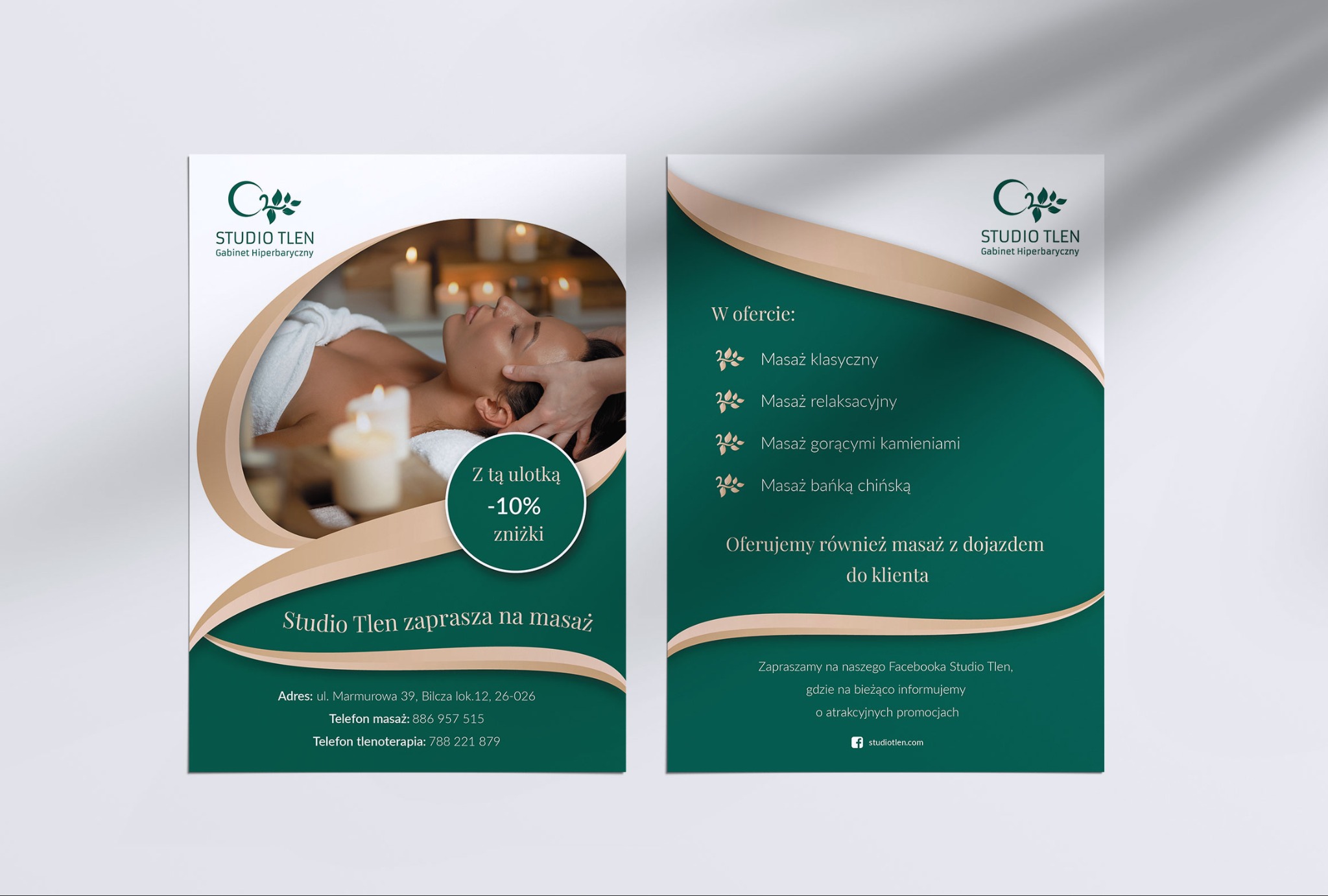 Dwustronna ulotka reklamowa Studio Tlen, gabinetu hiperbarycznego, z ofertą masaży: klasycznego, relaksacyjnego, gorącymi kamieniami i bańką chińską, oraz informacją o 10% zniżce z ulotką.