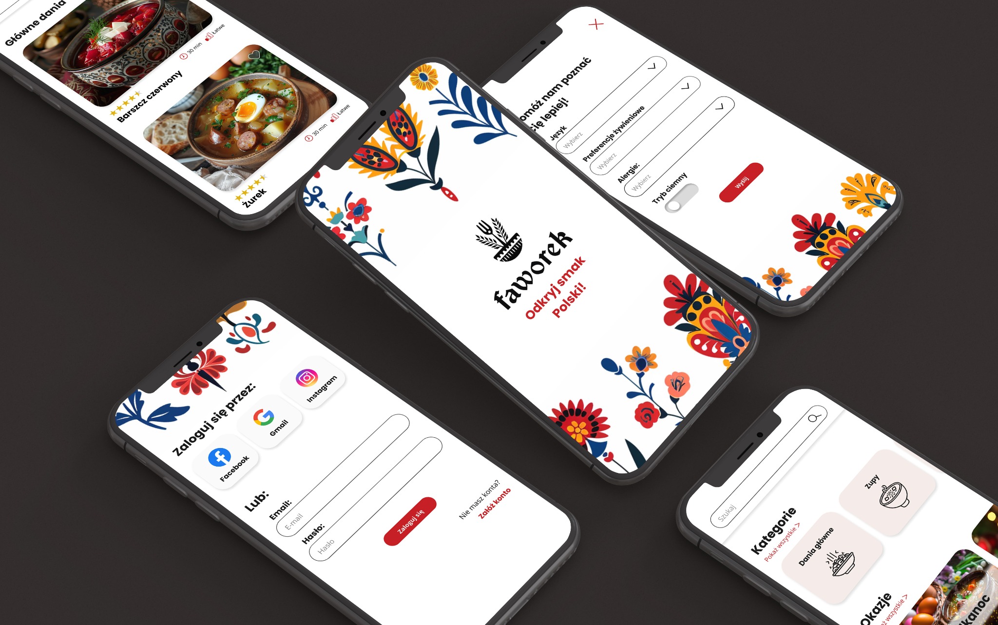 Ekrany smartfonów z interfejsem aplikacji mobilnej do zamawiania polskiego jedzenia, ozdobione motywami ludowymi, prezentujące menu, opcje logowania i preferencje użytkownika.