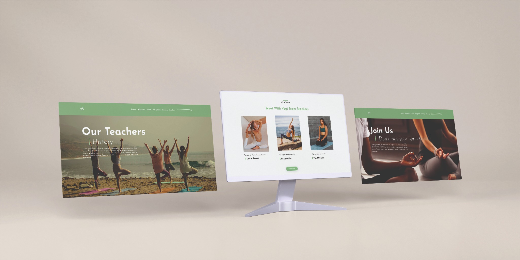 Trzy ekrany monitorów prezentują strony internetowe z motywami jogi i nauczycieli jogi, ukazując różne układy i treści, w tym zdjęcia instruktorów i wezwania do działania.