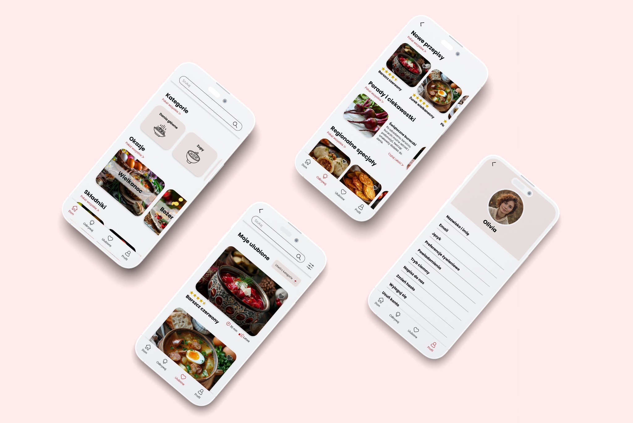 Ekrany smartfonów prezentujące interfejs aplikacji kulinarnej z listą przepisów, kategoriami dań i profilem użytkownika na jasnoróżowym tle.