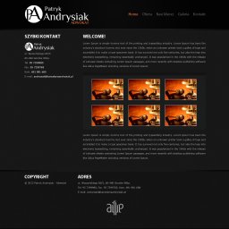 Advearart Projekty graficzne - Strona internetowa kancelarii adwokackiej Patryk Andrysiak z logo, danymi kontaktowymi i sekcją powitalną, prezentująca zdjęcia młotka sędziowskiego na postumencie w ciepłej, stonowanej kolorystyce.