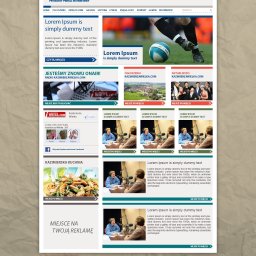Advearart Projekty graficzne - Strona internetowa z nagłówkiem 'Lorem Ipsum is simply dummy text', zdjęciem piłkarza kopiącego piłkę, sekcją radiową, ogłoszeniami, aktualnościami, widgetem Facebooka i reklamą.