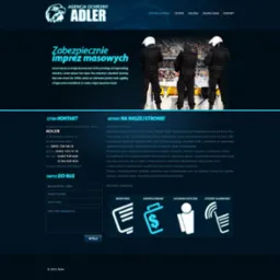 Strona internetowa firmy ochroniarskiej Adler z nagłówkiem 'Zabezpieczenie imprez masowych' i zdjęciem trzech ochroniarzy w czarnych uniformach na tle stadionu.