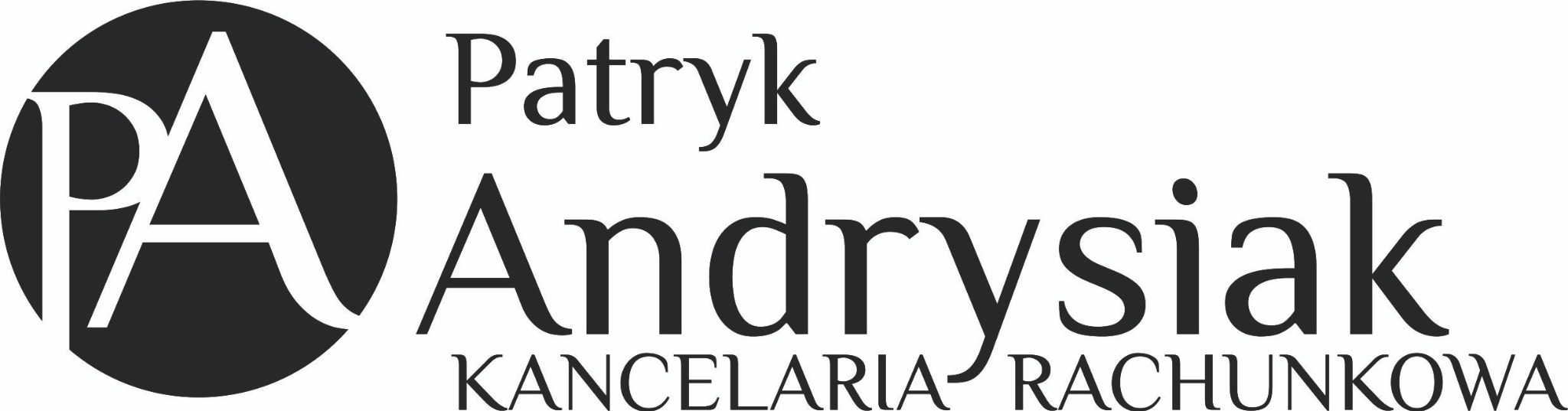 Eleganckie logo Kancelarii Rachunkowej Patryk Andrysiak, z inicjałami PA w okręgu po lewej stronie.
