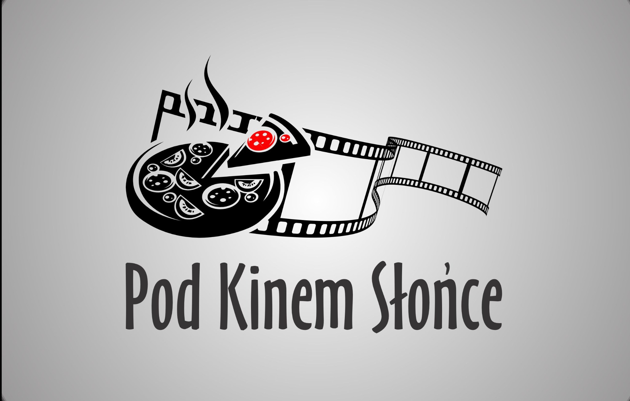 Logo pizzerii 'Pod Kinem Słońce' z motywem pizzy i taśmy filmowej w czarno-czerwonej kolorystyce na szarym tle.