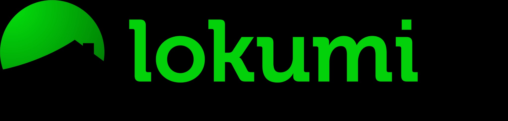 Zielone logo 'lokumi' na czarnym tle, z symbolem domu wkomponowanym w półksiężyc nad nazwą.
