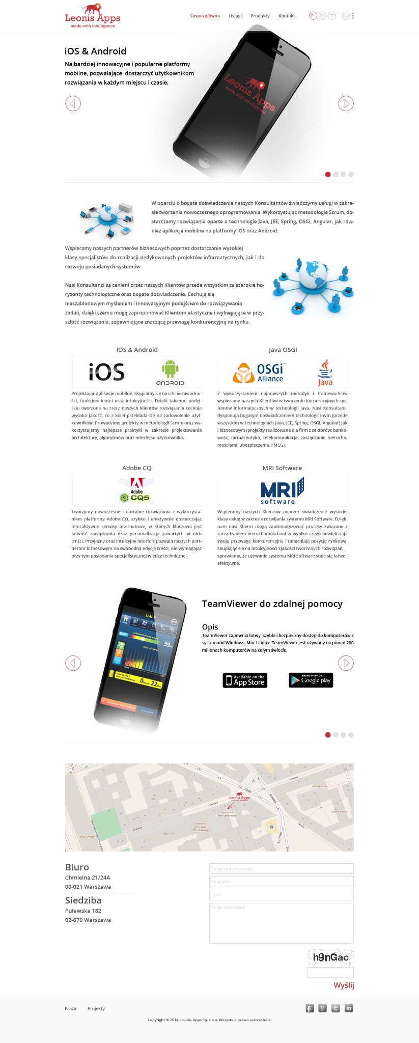 Strona internetowa firmy Leonis Apps prezentująca ofertę tworzenia aplikacji mobilnych na platformy iOS i Android oraz oprogramowania w technologii Java, Adobe CQ i MRI Software. Na stronie...