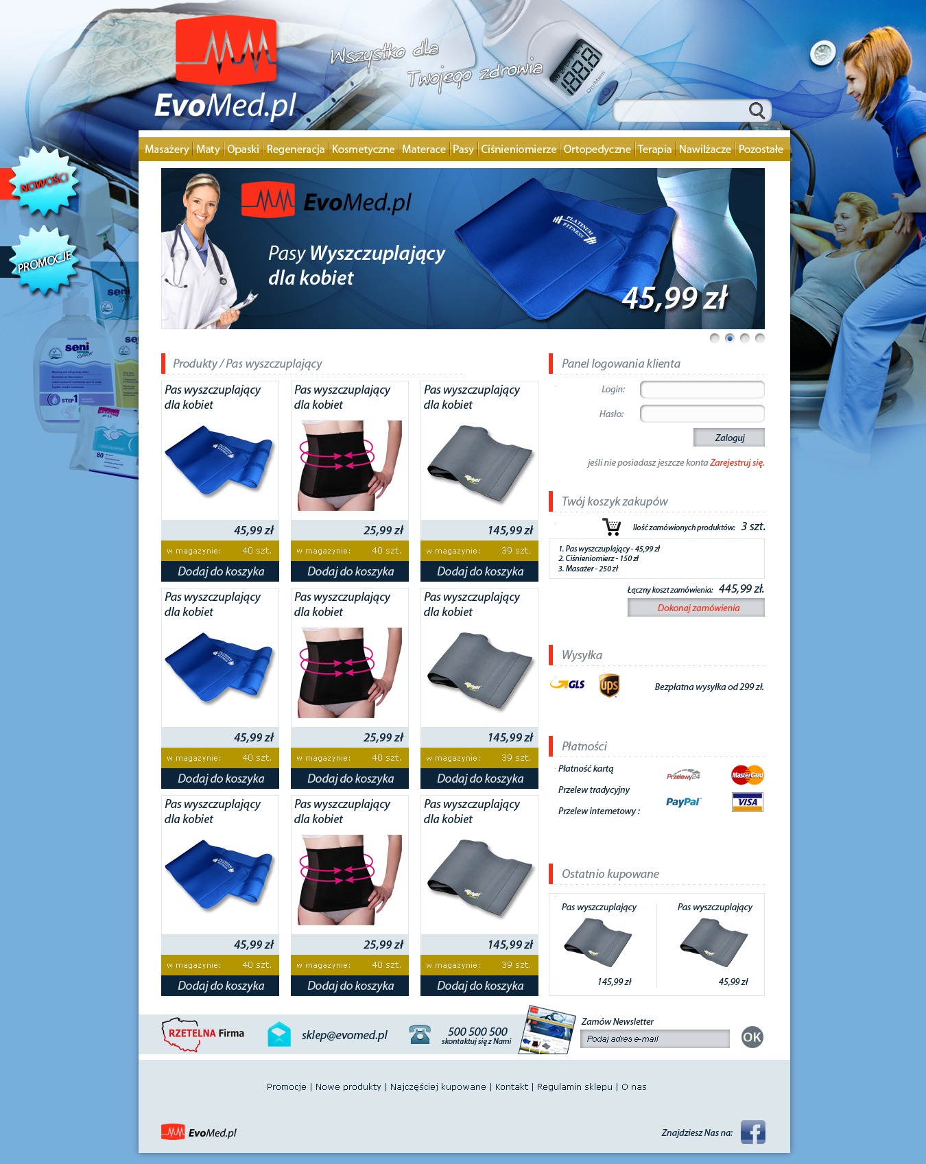 Strona internetowa sklepu EvoMed.pl z ofertą pasów wyszczuplających dla kobiet, prezentująca produkty w różnych kolorach i cenach, z widocznym panelem logowania, koszykiem zakupów i informacjami...