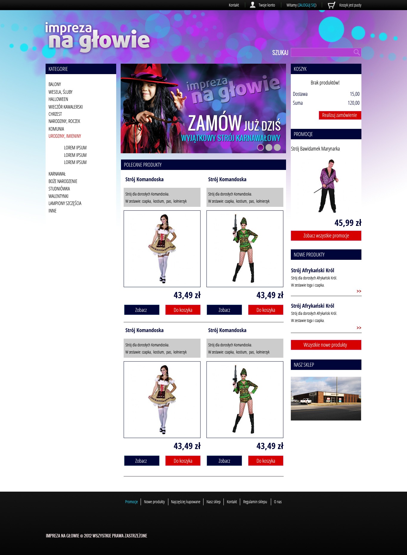 Strona internetowa sklepu z kostiumami karnawałowymi, prezentująca ofertę 'Impreza na głowie' z hasłem 'Zamów już dziś wyjątkowy strój karnawałowy'.