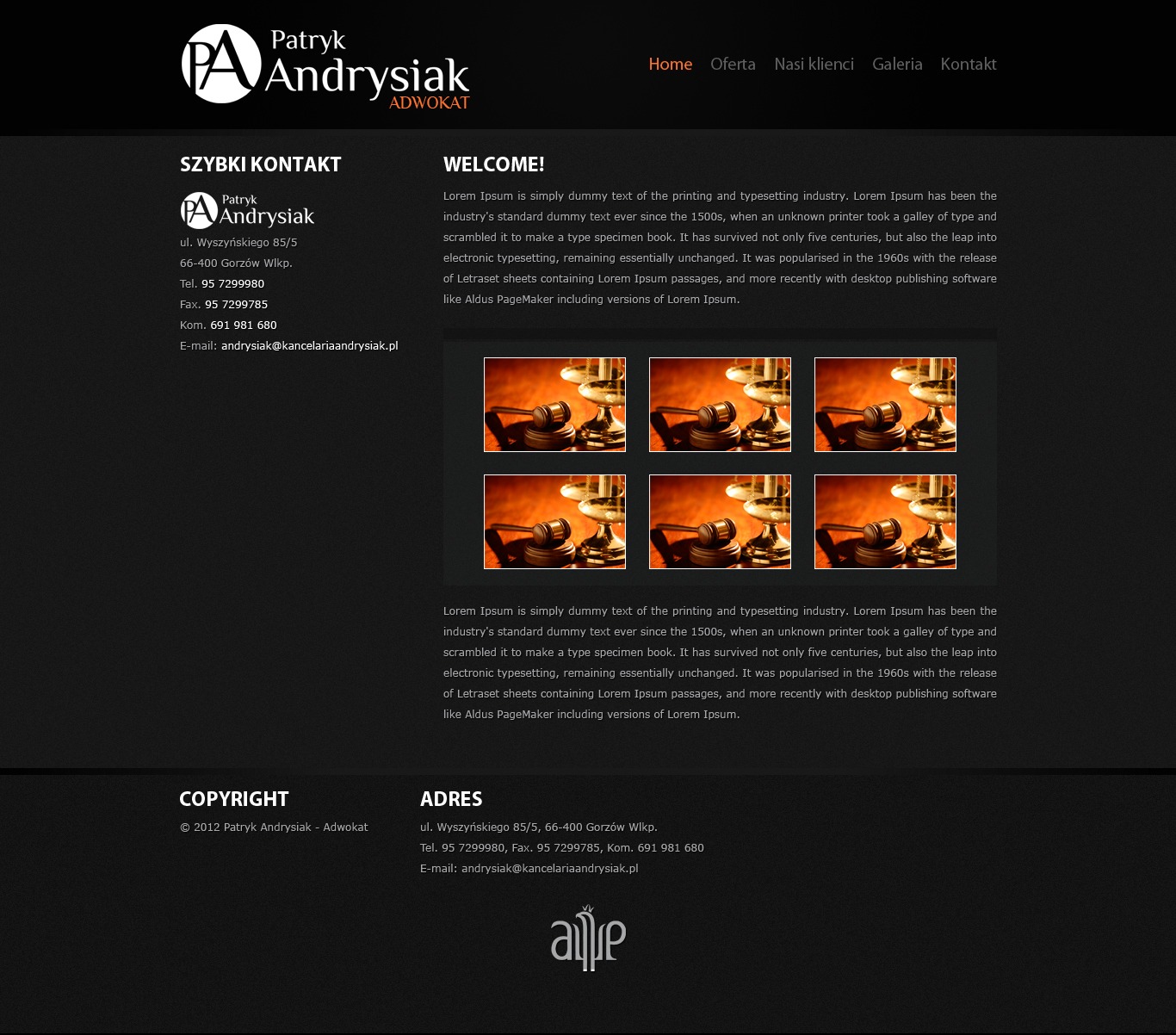 Strona internetowa kancelarii adwokackiej Patryk Andrysiak z logo, danymi kontaktowymi i sekcją powitalną, prezentująca zdjęcia młotka sędziowskiego na postumencie w ciepłej, stonowanej kolorystyce.