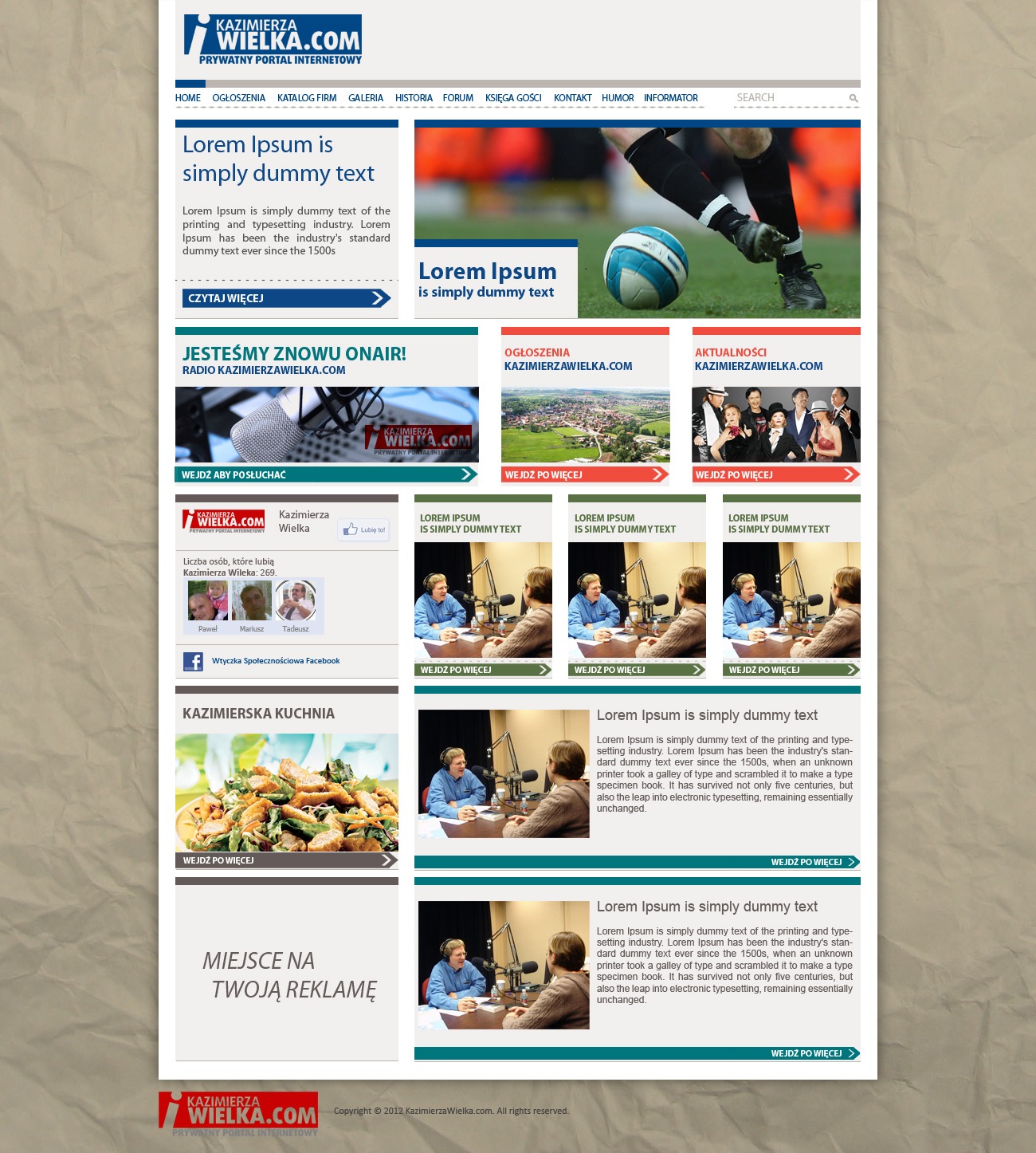 Strona internetowa z nagłówkiem 'Lorem Ipsum is simply dummy text', zdjęciem piłkarza kopiącego piłkę, sekcją radiową, ogłoszeniami, aktualnościami, widgetem Facebooka i reklamą.