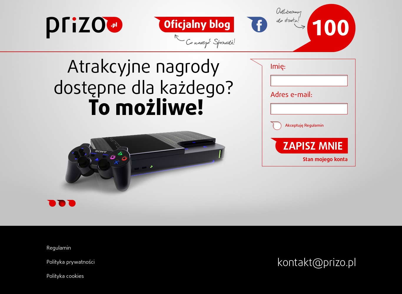 Grafika promocyjna z konsolą Sony PlayStation 3 i kontrolerem na jasnym tle, zachęcająca do rejestracji na stronie prizo.pl w celu wygrania atrakcyjnych nagród.