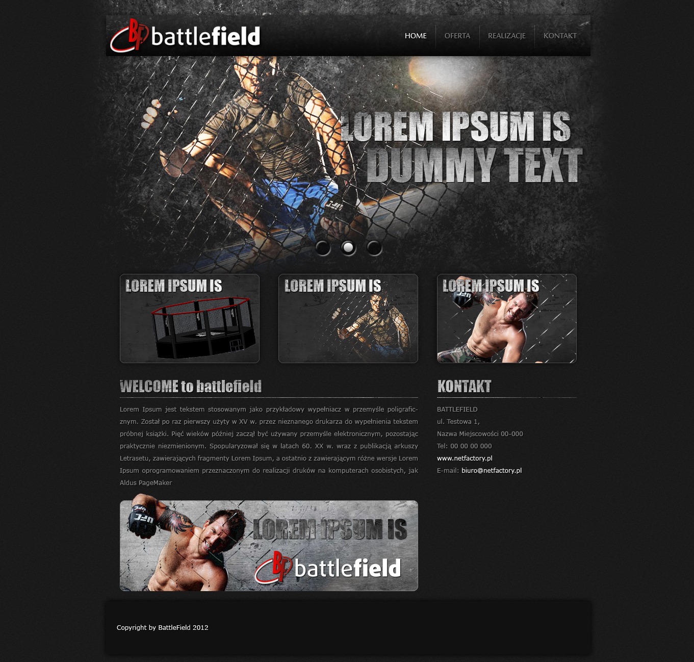 Strona internetowa z motywem sportów walki: zawodnik MMA w klatce, logo Battlefield w lewym górnym rogu, sekcje Home, Oferta, Realizacje, Kontakt w nagłówku.