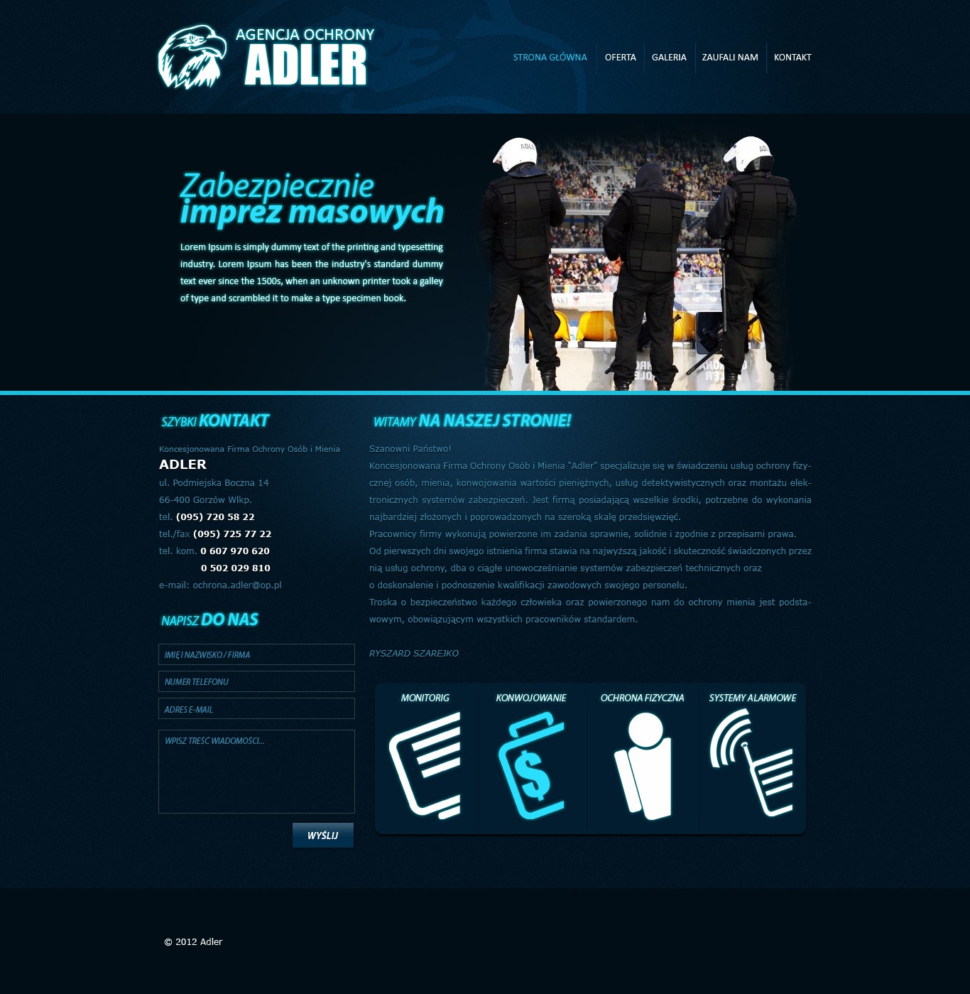 Strona internetowa firmy ochroniarskiej Adler z nagłówkiem 'Zabezpieczenie imprez masowych' i zdjęciem trzech ochroniarzy w czarnych uniformach na tle stadionu.