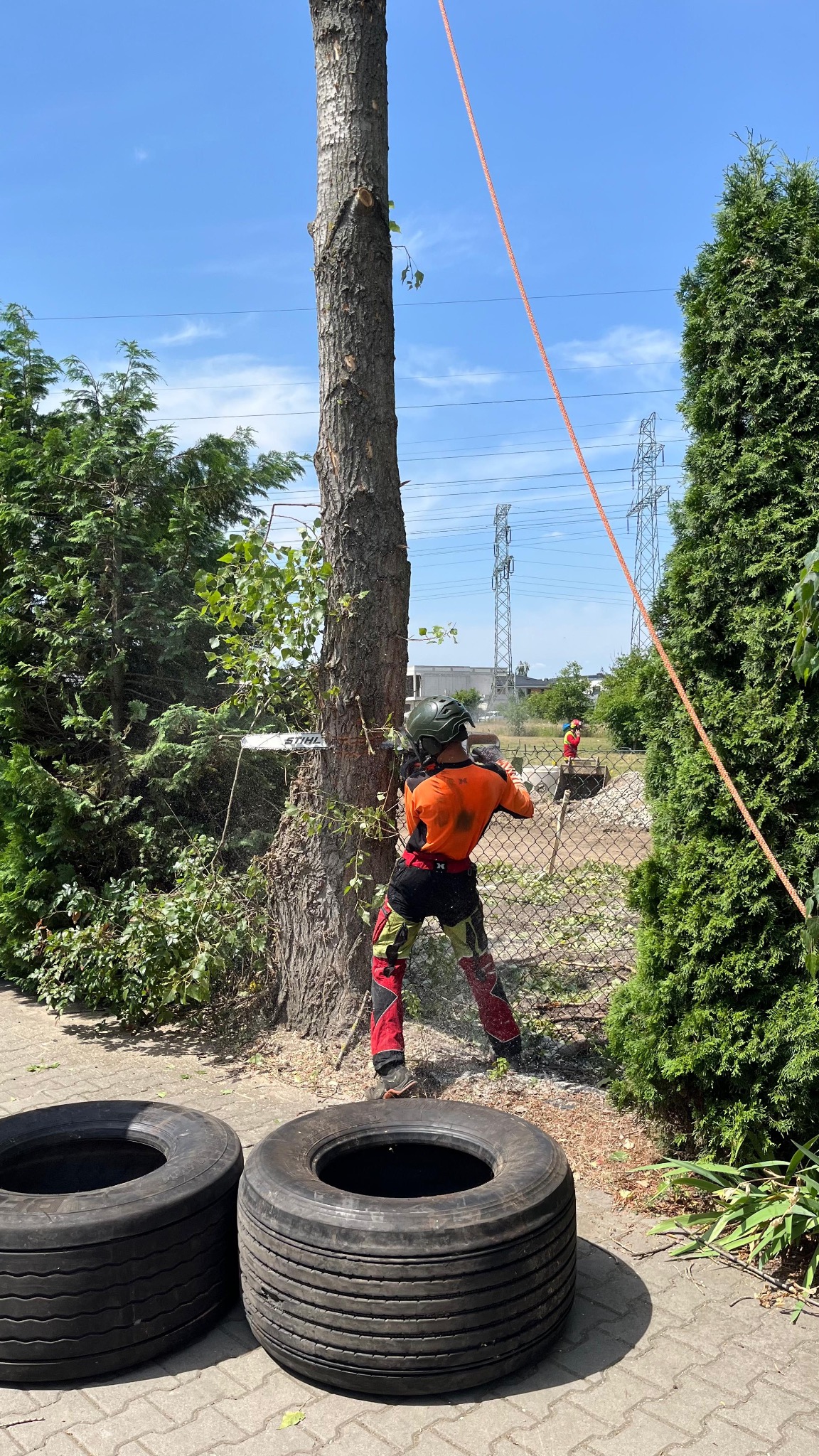 Pracownik w kasku i stroju ochronnym, z piłą spalinową marki Stihl, tnie pień drzewa od góry, stojąc za ogrodzeniem z siatki, w tle widoczne słupy wysokiego napięcia i drugi pracownik, na pierwszym...