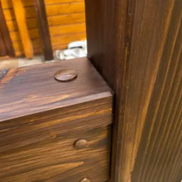 Detal drewnianej konstrukcji z ciemnego drewna, widoczne połączenia elementów za pomocą kołków. Element balustrady lub ogrodzenia, lakierowany na brązowo.