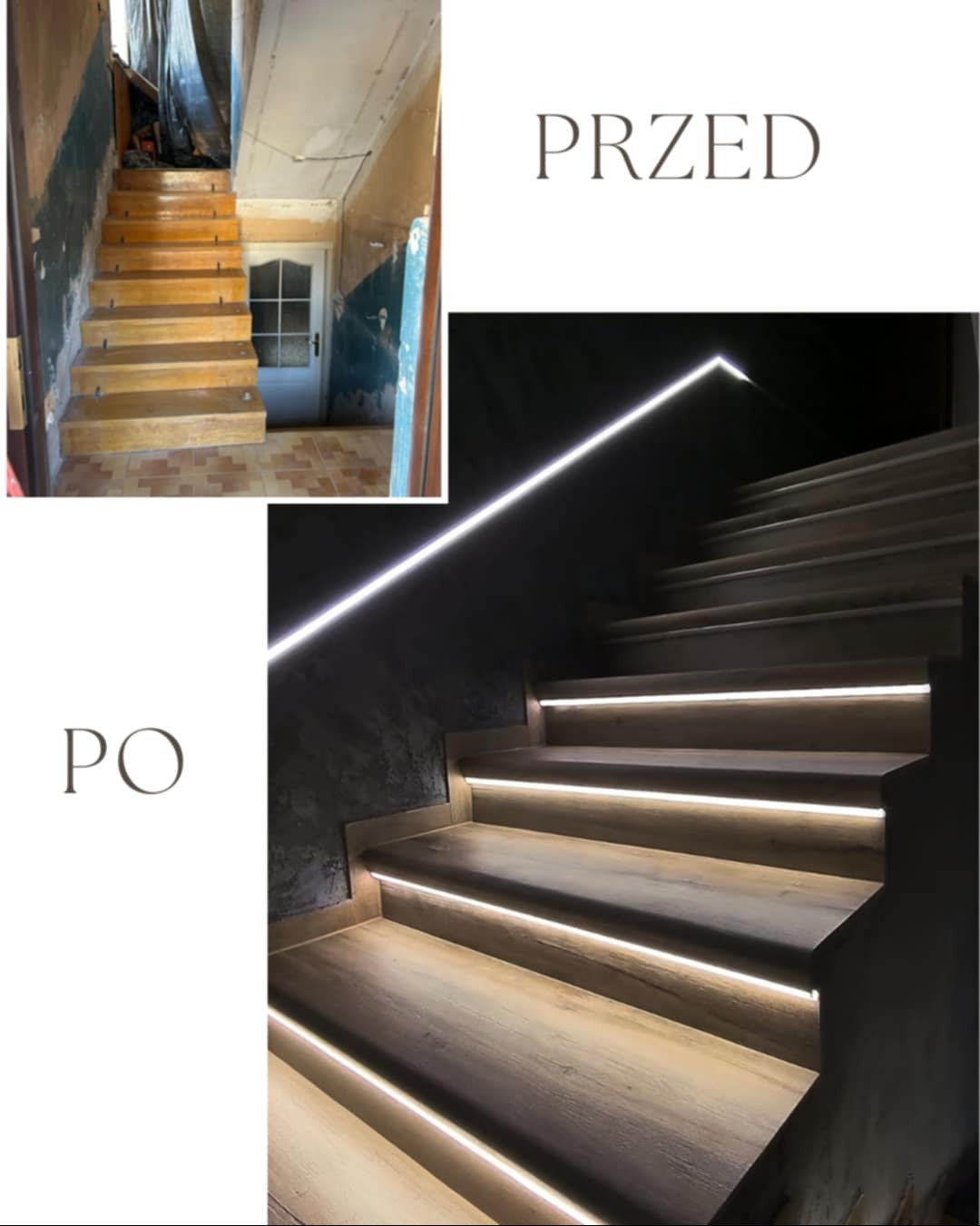 Schody drewniane przed i po montażu oświetlenia LED. Odnowione schody z subtelnym, nowoczesnym podświetleniem, ukazane w zestawieniu stanu sprzed i po modernizacji.