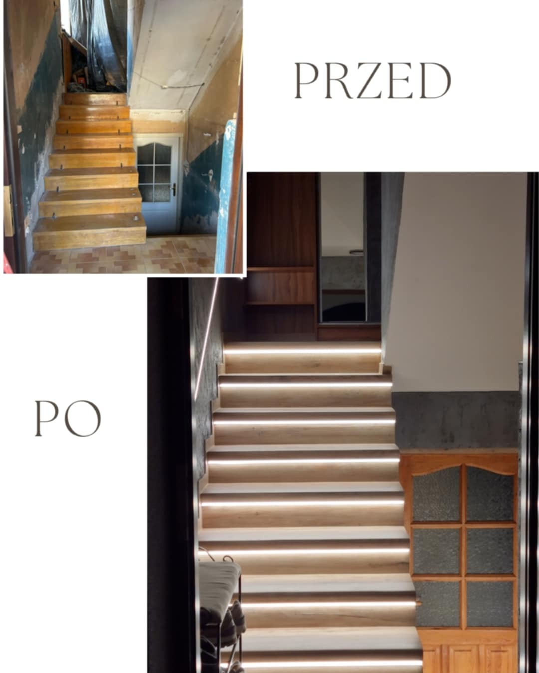 Remont schodów: ujęcie 'przed' - stare drewniane schody, 'po' - odnowione schody z podświetleniem LED, drewniane wykończenie i odświeżony wystrój wnętrza.