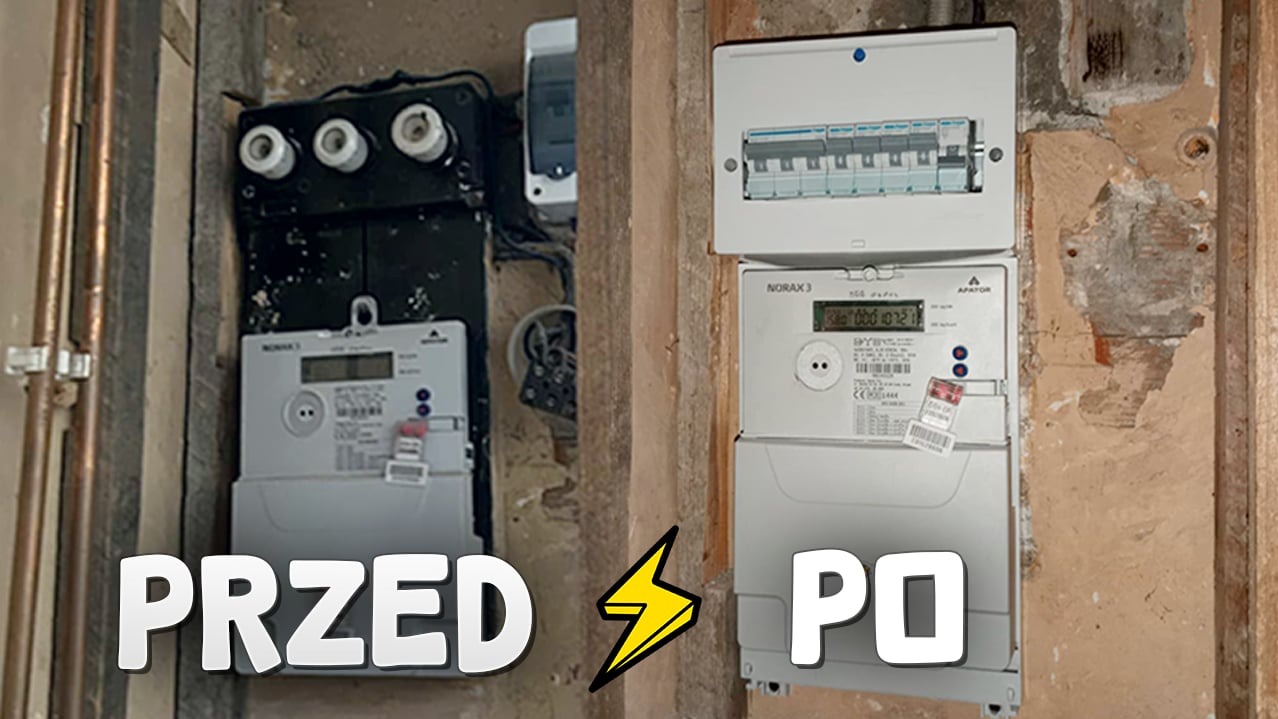 Zdjęcie 'przed i po' wymiany starej rozdzielni elektrycznej na nową, zmodernizowaną, wewnątrz budynku. Widoczne liczniki i bezpieczniki.