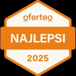 Grafika z logo Oferteo przedstawiająca nagrodę 'NAJLEPSI 2025' w pomarańczowym sześciokącie na białym tle.