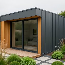 ESTIGO SPÓŁKA Z OGRANICZONĄ ODPOWIEDZIALNOŚCIĄ - Nowoczesna, minimalistyczna konstrukcja z ciemnoszarej blachy i drewnianych akcentów, otoczona zielenią ogrodu. Przesuwne szklane drzwi wpuszczają światło do wnętrza.