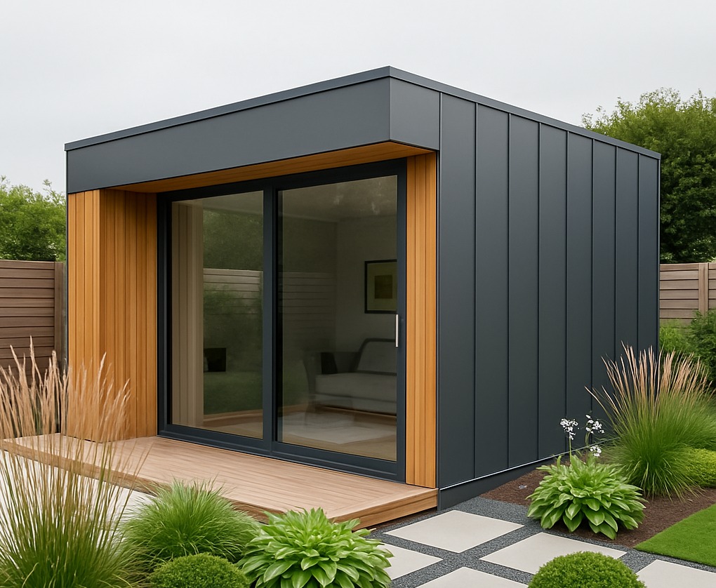 Nowoczesna, minimalistyczna konstrukcja z ciemnoszarej blachy i drewnianych akcentów, otoczona zielenią ogrodu. Przesuwne szklane drzwi wpuszczają światło do wnętrza.