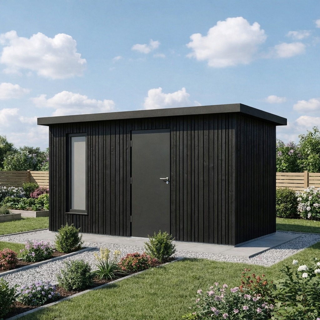 Nowoczesna, czarna konstrukcja z drewna w Tychach. Prosta bryła z oknem i drzwiami, otoczona zielenią i kamiennym chodnikiem. Minimalistyczny design.