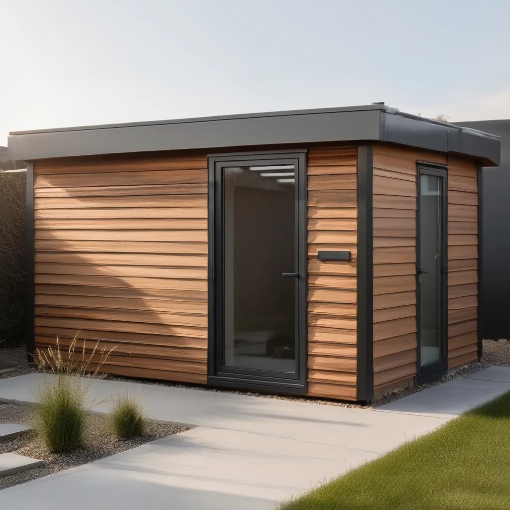 Nowoczesna, drewniana konstrukcja z dużymi przeszkleniami, otoczona minimalistycznym ogrodem z elementami trawy i kamienia.