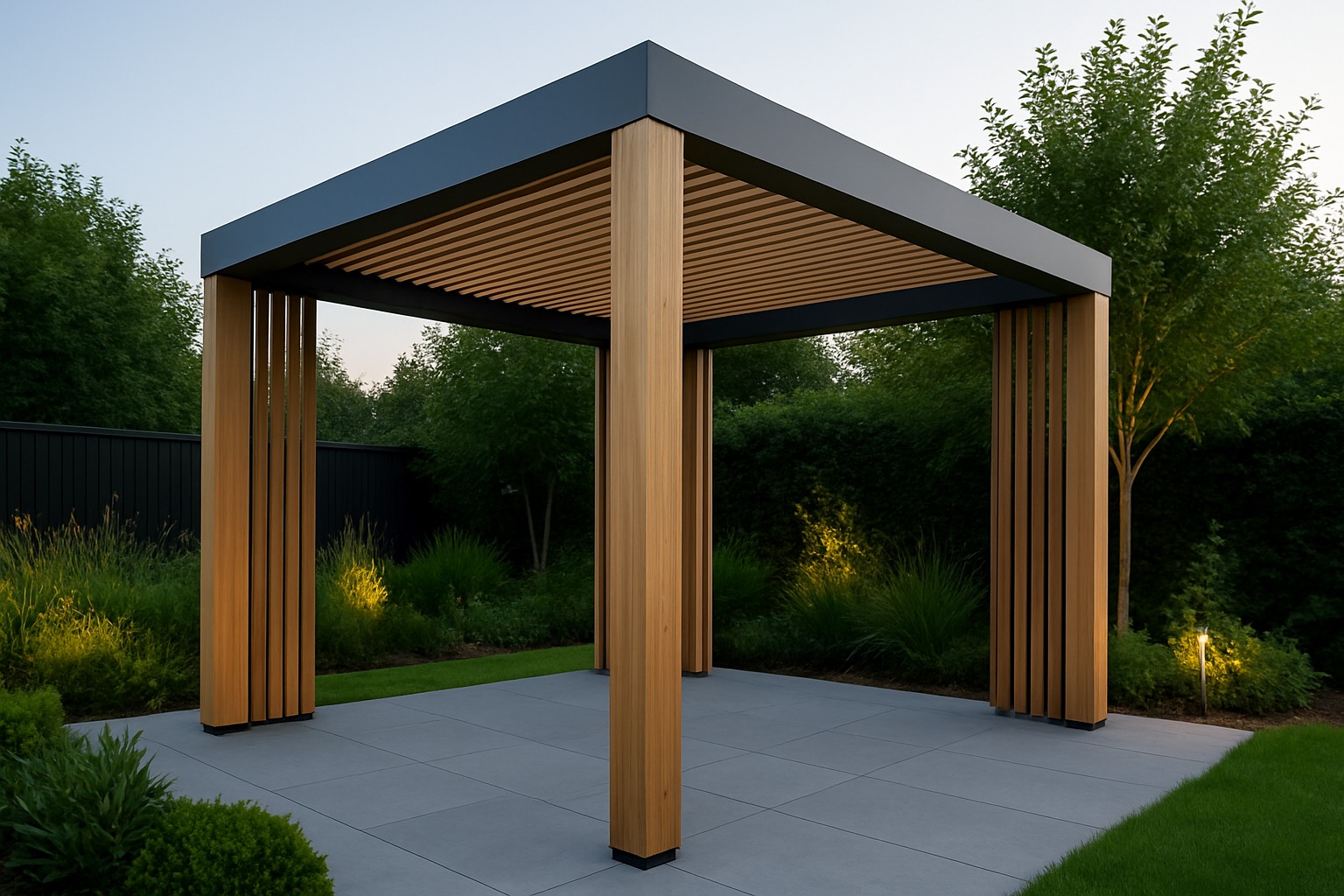 Nowoczesna pergola z drewnianymi słupami i szarym dachem na tle zieleni ogrodu, oświetlona punktowymi lampami. Minimalistyczny design.