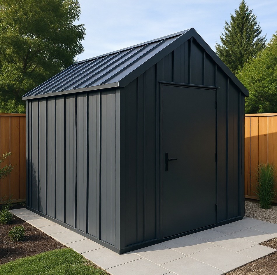 Nowoczesna, grafitowa altana ogrodowa z metalowym dachem i pionowymi panelami, otoczona zielenią i wyłożona płytami chodnikowymi. Minimalistyczny design.