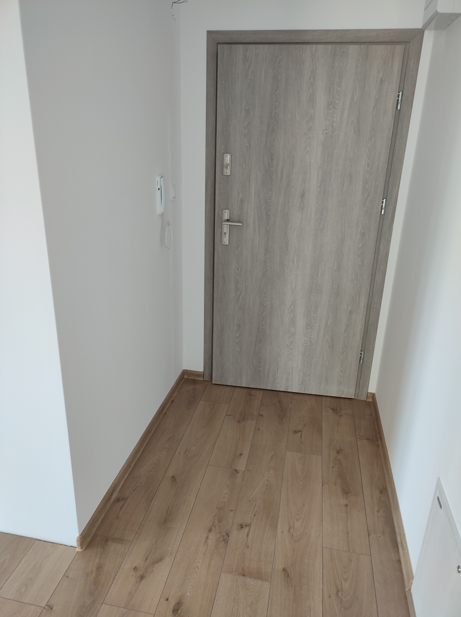 Nowoczesne wnętrze mieszkania: jasne ściany, drewniana podłoga i szara, drewnopodobna okleina drzwiowa z srebrnymi okuciami.