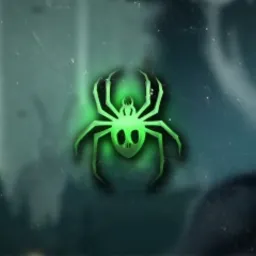 Grafika z fluorescencyjnym zielonym pająkiem pośrodku, postacie w tle z intensywnymi żółtymi oczami, całość utrzymana w mrocznym, stylizowanym klimacie.