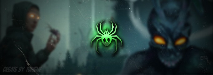 Grafika z fluorescencyjnym zielonym pająkiem pośrodku, postacie w tle z intensywnymi żółtymi oczami, całość utrzymana w mrocznym, stylizowanym klimacie.