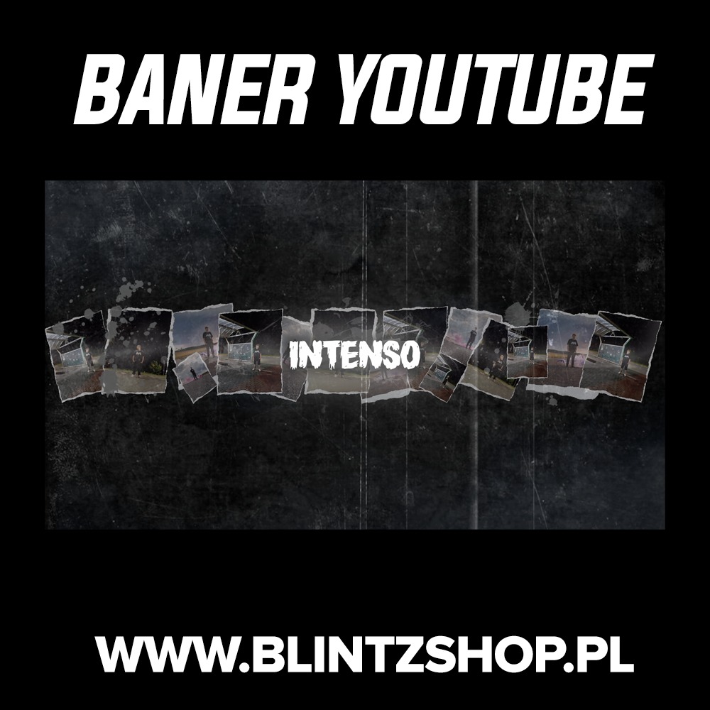 Grafika z napisem BANER YOUTUBE, kolażem z postrzępionych zdjęć i adresem strony www.blintzshop.pl na teksturowanym, ciemnym tle.