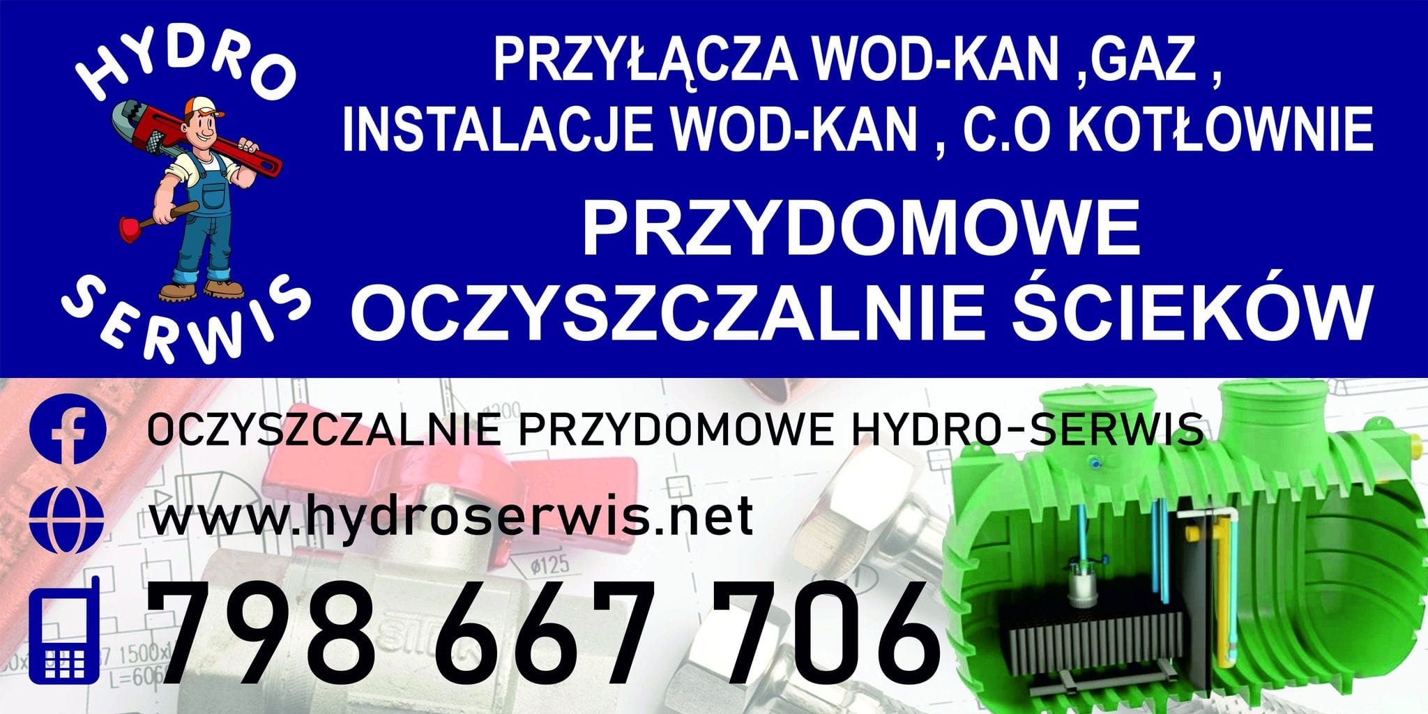Grafika reklamowa firmy instalacyjnej z rysunkową postacią hydraulika, schematem oczyszczalni przydomowej, zaworami i numerem telefonu na niebieskim tle.