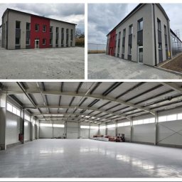 Maciej Witczak Inżynieria i Nadzór - Nowoczesny budynek przemysłowy z elementami czerwieni i szarości, widok z zewnątrz i wnętrza hali z betonową posadzką, w tle widoczny wózek widłowy.