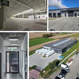 Maciej Witczak Inżynieria i Nadzór - Kolaż: wnętrze hali magazynowej w stanie deweloperskim, elewacja budynku z rampami, korytarz biurowy i widok z drona na budynek magazynowy z placem manewrowym.