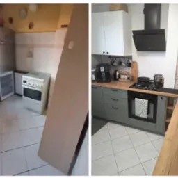 Zdjęcie przedstawia porównanie kuchni przed i po renowacji: po lewej stronie stara, nieodnowiona kuchnia z przestarzałymi sprzętami, a po prawej odnowiona kuchnia z nowoczesnymi szafkami w kolorze...