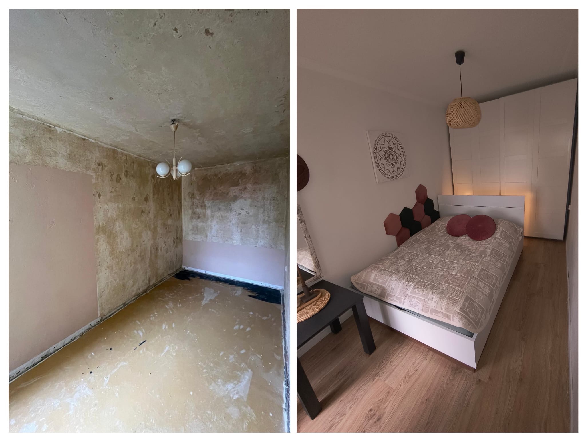 Porównanie stanu pokoju przed i po: surowe ściany z resztkami starej farby i zalana podłoga kontra odnowione wnętrze z nową podłogą, pomalowanymi ścianami, nowoczesnym oświetleniem i umeblowaniem.