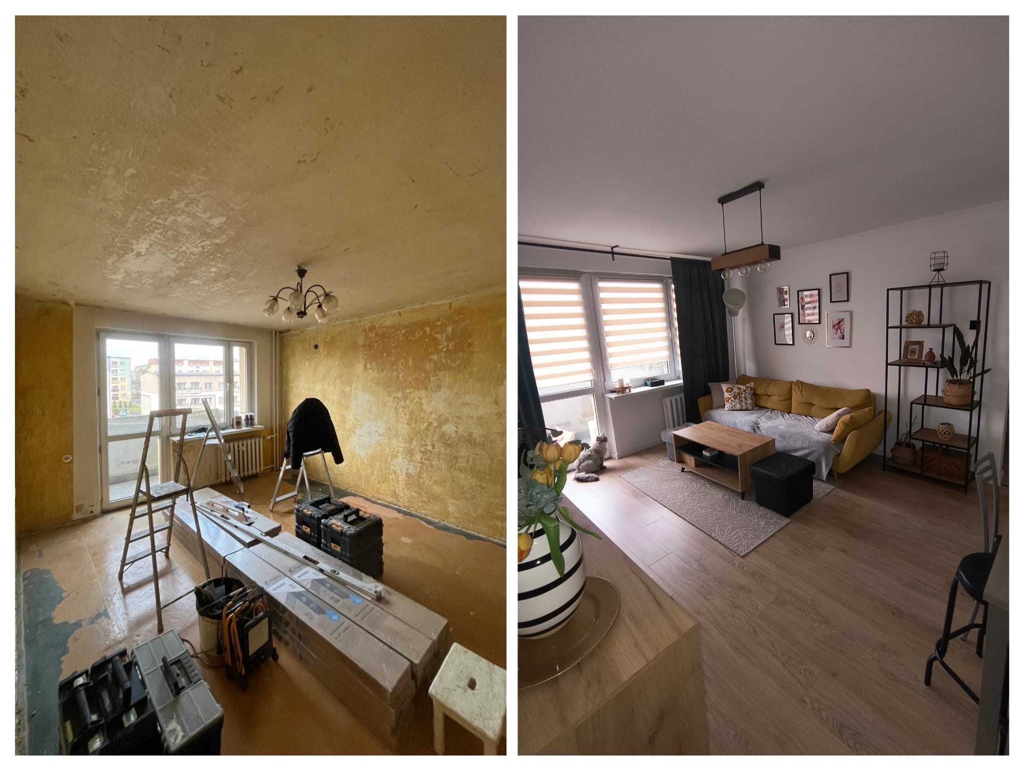 Zdjęcie typu 'przed i po' przedstawiające pokój przed i po remoncie. Lewa strona ukazuje zniszczone ściany, drabiny, narzędzia i panele podłogowe w opakowaniach. Prawa strona prezentuje odnowione...