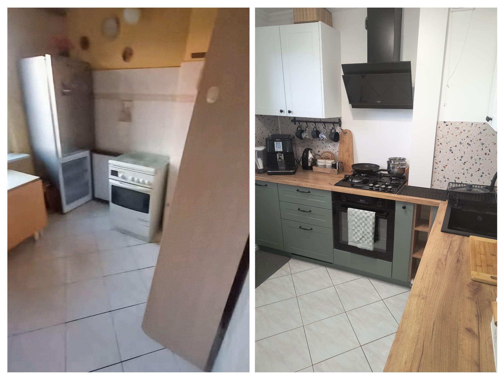 Zdjęcie przedstawia porównanie kuchni przed i po renowacji: po lewej stronie stara, nieodnowiona kuchnia z przestarzałymi sprzętami, a po prawej odnowiona kuchnia z nowoczesnymi szafkami w kolorze...