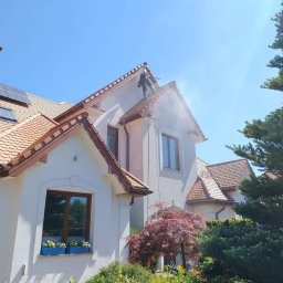 Maclin - Pracownik w uprzęży, z dachu domu z panelami słonecznymi, spryskuje elewację wodą pod ciśnieniem. Widoczne okna z kwiatami i ozdobne krzewy.